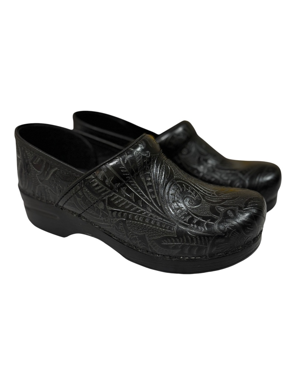 Dansko Black Tooled Floral Leather Clogs Classic Comfort Nursing EU 40/US 10